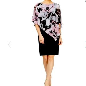 SLNY Floral Overlay Sheath Dress Chiffon Cape Overlay Cocktail Wedding Guest NWT